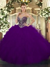 Dark Purple Lace Up Sweetheart Beading and Ruffles Quinceanera Gown Tulle Sleeveless