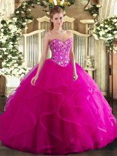 Fuchsia Sleeveless Embroidery and Ruffles Floor Length 15 Quinceanera Dress