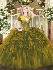 Sleeveless Organza Asymmetrical Lace Up Quinceanera Gown in Brown with Beading and Ruffles