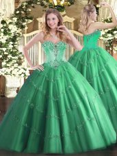 Amazing Sleeveless Tulle Floor Length Lace Up Sweet 16 Dress in Turquoise with Beading and Appliques