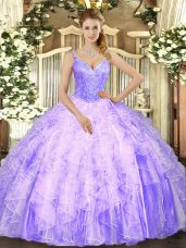 Lavender V-neck Lace Up Beading and Ruffles 15 Quinceanera Dress Sleeveless