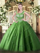 Shining Floor Length Green Quince Ball Gowns Scoop Sleeveless Lace Up