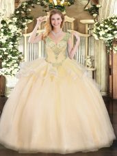 Sleeveless Tulle Floor Length Lace Up Quinceanera Dress in Champagne with Beading