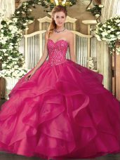 Discount Sleeveless Floor Length Beading and Ruffles Lace Up Sweet 16 Dress with Hot Pink