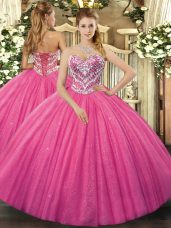 Discount Hot Pink Tulle Lace Up Sweet 16 Quinceanera Dress Sleeveless Floor Length Beading