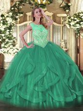 Sleeveless Floor Length Beading and Ruffles Lace Up Quinceanera Gown with Turquoise