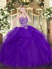 Purple Tulle Lace Up 15th Birthday Dress Sleeveless Floor Length Beading and Ruffles