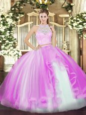 Affordable Lace and Ruffles Sweet 16 Quinceanera Dress Lilac Zipper Sleeveless Floor Length