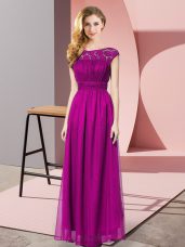 Custom Fit Sleeveless Tulle Floor Length Zipper Evening Dress in Fuchsia with Lace