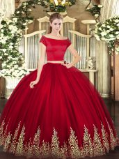 Wine Red Short Sleeves Floor Length Appliques Zipper Quinceanera Gown