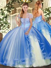 Perfect Blue Sleeveless Tulle Lace Up 15 Quinceanera Dress for Military Ball and Sweet 16 and Quinceanera