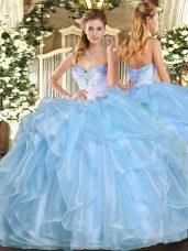 Modern Aqua Blue 15th Birthday Dress Military Ball and Sweet 16 and Quinceanera with Beading and Ruffles Sweetheart Sleeveless Lace Up