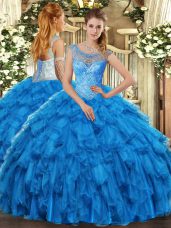 Baby Blue Lace Up Scoop Beading and Ruffles Sweet 16 Dresses Organza Sleeveless