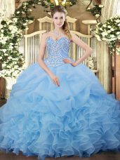 Aqua Blue Sweetheart Neckline Beading and Ruffles and Pick Ups Vestidos de Quinceanera Sleeveless Lace Up