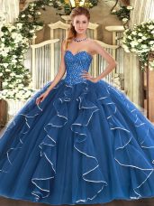 Inexpensive Blue Ball Gowns Tulle Sweetheart Sleeveless Beading and Ruffles Floor Length Lace Up 15 Quinceanera Dress
