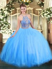 Ball Gowns 15 Quinceanera Dress Blue Halter Top Tulle Sleeveless Floor Length Lace Up