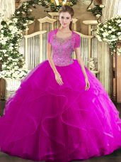 Sophisticated Scoop Sleeveless Quinceanera Dress Floor Length Beading and Ruffled Layers Fuchsia Tulle