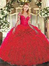 Latest Red Ball Gowns Lace and Ruffles Quinceanera Dress Lace Up Organza Sleeveless Floor Length