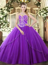 Customized Purple Quince Ball Gowns Tulle Brush Train Sleeveless Beading