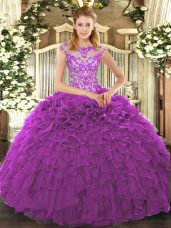 Pretty Eggplant Purple Ball Gowns Beading and Appliques and Ruffles Sweet 16 Quinceanera Dress Lace Up Organza Cap Sleeves Floor Length