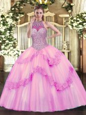 Elegant Tulle Sleeveless Floor Length Ball Gown Prom Dress and Beading and Appliques