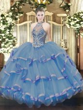 Inexpensive Organza Halter Top Sleeveless Lace Up Beading and Ruffles Vestidos de Quinceanera in Blue