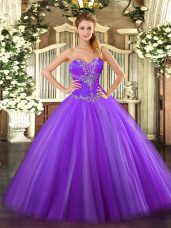 Floor Length Eggplant Purple Quinceanera Dresses Tulle Sleeveless Beading