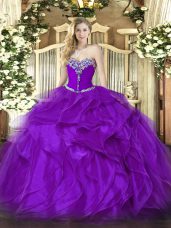 Custom Design Purple Lace Up Sweetheart Beading and Ruffles Quinceanera Dresses Organza Sleeveless