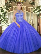 Adorable Floor Length Blue Sweet 16 Dresses Tulle Sleeveless Beading and Embroidery