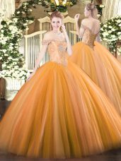 Cheap Orange Sleeveless Floor Length Beading Lace Up Quinceanera Gowns