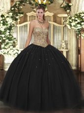Black Lace Up Quinceanera Dresses Beading Sleeveless Floor Length