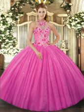 Hot Pink Sleeveless Tulle Lace Up Ball Gown Prom Dress for Military Ball and Sweet 16 and Quinceanera