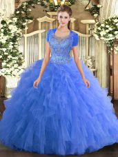 Stunning Sleeveless Floor Length Beading and Ruffled Layers Clasp Handle Sweet 16 Dress with Baby Blue