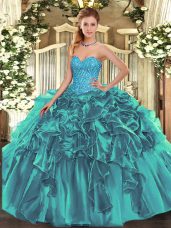 Fitting Teal Organza Lace Up Sweetheart Sleeveless Floor Length 15 Quinceanera Dress Beading and Ruffles