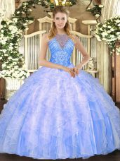 Blue Sleeveless Floor Length Beading and Ruffles Lace Up Sweet 16 Dress