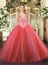 Customized Floor Length Ball Gowns Sleeveless Coral Red Quinceanera Gown Lace Up
