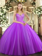 Tulle V-neck Sleeveless Lace Up Beading Quinceanera Dress in Eggplant Purple