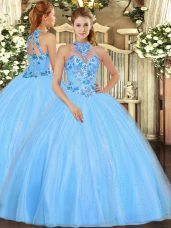 Sweet Embroidery 15th Birthday Dress Baby Blue Lace Up Sleeveless Floor Length