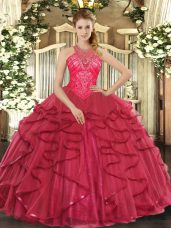 Coral Red Sweet 16 Dresses Military Ball and Sweet 16 and Quinceanera with Beading and Ruffles High-neck Sleeveless Lace Up