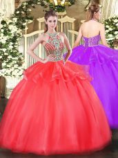 Coral Red Tulle Lace Up Quinceanera Dresses Sleeveless Floor Length Beading and Ruffles