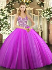 Sophisticated Lilac Tulle Lace Up Straps Sleeveless Floor Length Vestidos de Quinceanera Beading and Appliques