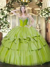 Dynamic Olive Green Sleeveless Floor Length Beading and Ruffled Layers Lace Up Quinceanera Gowns