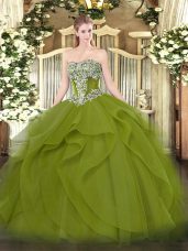 Hot Selling Strapless Sleeveless Tulle Quinceanera Dress Beading and Ruffles Lace Up