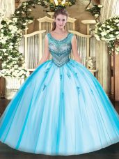 Sleeveless Lace Up Floor Length Beading and Appliques Ball Gown Prom Dress