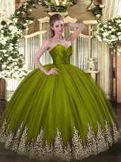 Flare Olive Green Sleeveless Appliques Floor Length 15 Quinceanera Dress