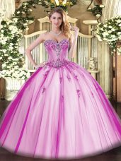 Fuchsia Ball Gowns Tulle Sweetheart Sleeveless Beading and Appliques Floor Length Lace Up Quinceanera Dresses