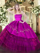 Lovely Fuchsia Quince Ball Gowns Military Ball and Sweet 16 and Quinceanera with Embroidery and Ruffled Layers Strapless Sleeveless Zipper