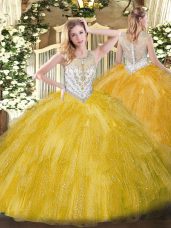 Beautiful Gold Sleeveless Beading and Ruffles Floor Length Sweet 16 Quinceanera Dress