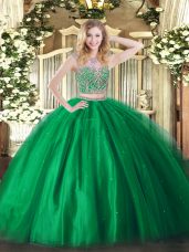 Most Popular Green Scoop Neckline Beading Quinceanera Gowns Sleeveless Lace Up