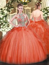 Exquisite Ball Gowns Vestidos de Quinceanera Red Halter Top Tulle Sleeveless Floor Length Lace Up